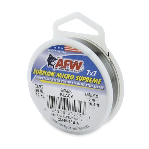 American Fishing Wire Surflon Micro Supreme Nylon Coated 7x7 Stainless Steel Leader Wire - Knottable Wire Leaders for Fishing Saltwater, Fly Fishing, 13lb Test - 90lb Test, Bright, Black & Camo Colors - color: Black, style: 5 Meter, 26 Pound Test
