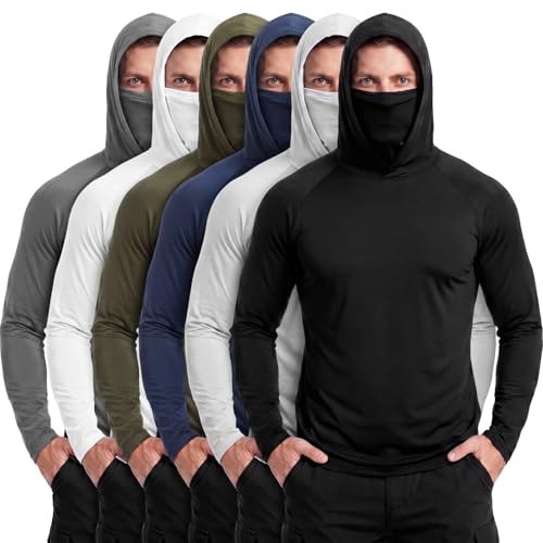 Unittype 6 Pack Men's UPF 50+ Sun Protection Hoodies Long Sleeve Cooling Shirts with Face Mask Moisture Wicking Sun Shirt - size: Large