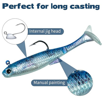 6PCS Soft Plastic Fishing Lures - 3.5in Swim Baits for Bass Pre-Rigged Jig Heads Walleye Fishing Lures with Paddle Tail Swimbaits for Bass Fishing Fishing Soft Plastic Lure Kit - color: Bule