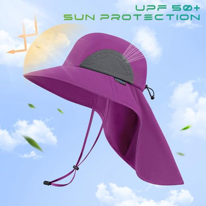 UPF 50+ Foldable Sun Hats Wide Brim with Large Neck Flap for Men Women UV Protection Gardening Fishing Beach Hat - color: Purple Orchid