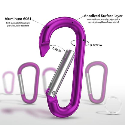sprookber 3" Aluminum Carabiner D Ring, Caribeener Clips, Spring Snap Hook for Keychain Clip, Set of 10 - color: Purple