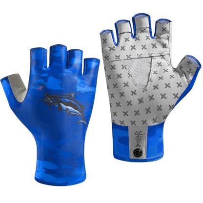 BASSDASH Unisex UPF 50+ Half Finger Sun Gloves Fingerless Breathable UV Protection for Fishing Hiking Kayaking Rowing FG02 - color: Blue Camo/Catfish, size: Large