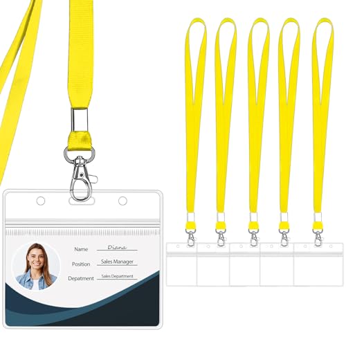 Clear ID Badge Holder with Lanyard, Yellow, 6PCS | Water Proof, Horizontal Display, Zipper Resealable, Identification Card Protector - color: Yellow - 6pcs