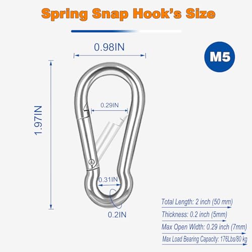 60PCS M5 Heavy Duty Carabiner Clip, 2Inch Snap Hook Quick Link Small Carabiner Clips,Spring Link Buckle for Fishing Camping Hammock Dog Leashes-220LBS Holding Capacity (Silver) - color: Silver, size: 60PCS-M5
