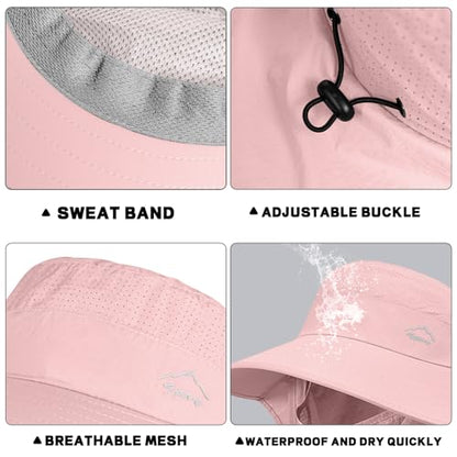 Rosoz Sun Hat for Men Women with Neck Flap,Wide Brim UPF50+ Fishing Hat with Detachable Face Cover Outdoor Sun Protection Hat - color: 1pack-pink