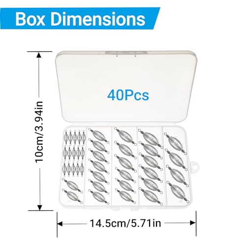 Polsefve Inline Trolling Fishing Weights with Inner Swivels, Oval Drop Casting Sinkers Lead Sinker Tackle for Catfish Bass Saltwater & Freshwater Bottom Fish(10g/15g/20g/30g/40g/60g) - color: 3/8oz-2oz 40pcs