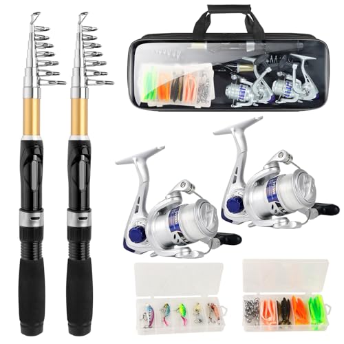 Fishing Pole Set Fishing Rod and Reel Combo,2PCS 1.9M/2.1M Collapsible Fishing Rod Set with 2 PCS Spinning Reels 2 Set of Lures Baits and a Carrier Bag,Prefect for Fishing Travel