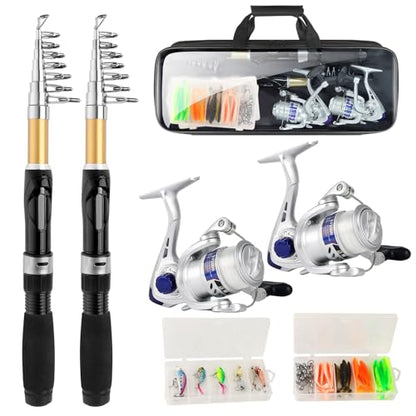 Fishing Pole Set Fishing Rod and Reel Combo,2PCS 1.9M/2.1M Collapsible Fishing Rod Set with 2 PCS Spinning Reels 2 Set of Lures Baits and a Carrier Bag,Prefect for Fishing Travel