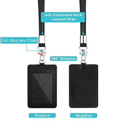 DUPENCD 2 Pack Badge Holders, Vertical PU Leather ID Badge Card Holder with Detachable Neck Lanyard Strap and Retractable Badge Reel ID Card Holders Set, Detachable Keychain, Cruise Ship Cards Holder