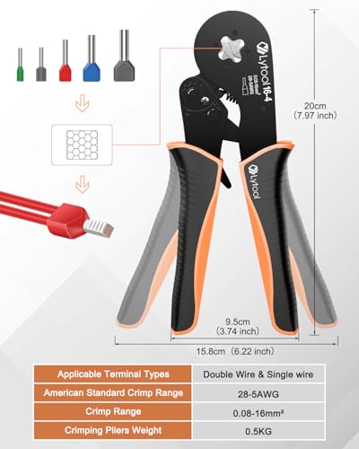Ferrule Crimping Tool Kit, Lytool Wire Crimper Pliers (AWG 28-5/0.08-16mm²), Wire Ferrule Kit with Square Ratchet Crimper and 1200PCS Ferrule Connectors Wire Ferrules Terminals Kit
