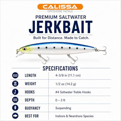 Calissa Offshore Tackle 110mm and 140mm California Inshore Fishing - Special Jerkbait Crankbait Surf Flash Fishing Salt Pro Lure Minnow Zebra MS Metallic Sardine Glow - size: 110mm, style: Glow Sardine