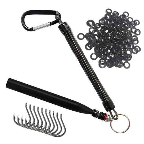 Reaction Tackle Wacky Rig Tool and O-Rings for Soft Plastic Worms, Bass Fishing Wacky Rig and Neko Rig Stick Bait Setup for Largemouth and Smallmouth - color: Black Tool plus 125 O-rings +10 hooks