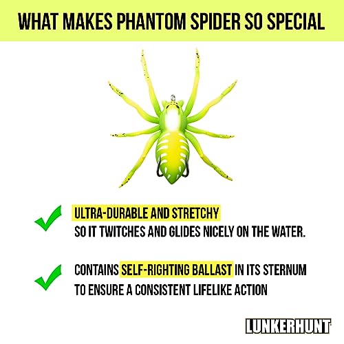 LUNKERHUNT Phantom Spider Lure for Bass Fishing (2.5 Inch) | Topwater Spider Fishing Lure with Natural Walking Action | Soft Hollow Body Weedless Hooks for Trout and Pike - color: Leaf