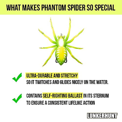 LUNKERHUNT Phantom Spider Lure for Bass Fishing (2.5 Inch) | Topwater Spider Fishing Lure with Natural Walking Action | Soft Hollow Body Weedless Hooks for Trout and Pike - color: Leaf