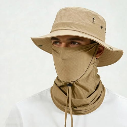 Fishing Hat with Summer Breathable Neck Gaiter, Wide Brim Sun Hat for Men & Women, Outdoor UV Sun Protection Hat & Face Mask - color: Khaki