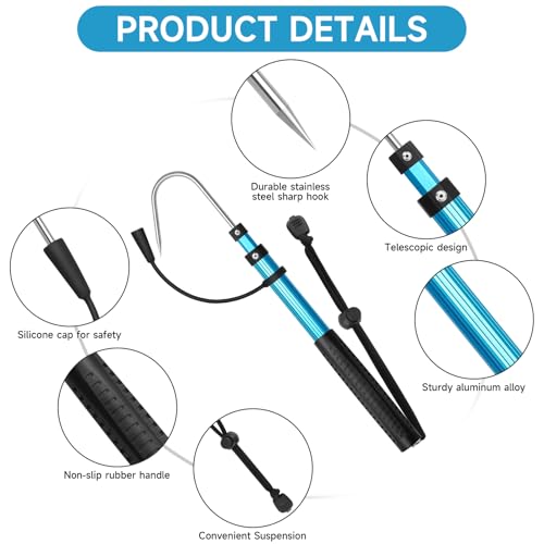 SANLIKE Telescopic Fishing Gaff, Aluminum Pole, Stainless Steel M8 Hook | Ultralight 4.62oz aluminum telescopic gaff (11.4"-24") with nonslip rubber handle, sharp stainless hook & safety lanyard - color: Blue, size: S-Extended 24"