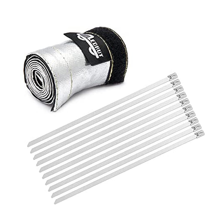 Heat Shroud Aluminized Sleeving Heat Shield fuel line wire heat sleeve 3/4" I.D. x 3FT with 10 Pcs 7.8Inch Stainless Steel Cable Metal Zip Ties - size: 3/4"I.D.x 3FT