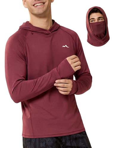 maamgic Men’s UPF 50+ Fishing Shirt Sun Hoodie with Detachable Face Mask, Long Sleeve UV Rash Guard - color: Claret, size: Large
