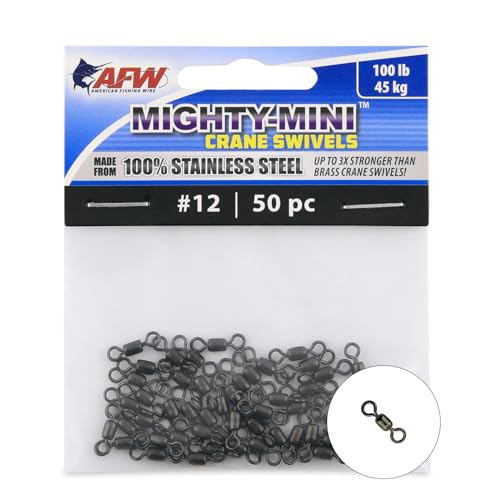 AFW American Fishing Wire Fishing Swivels - Mighty Mini 100% Stainless Steel Crane Swivels, 3X Stronger Than Brass, for Terminal Tackle Box, Up to 600lb Test - Fishing Gear for Fishing Line Leaders - size: 50 Pieces, 100 Pound Test
