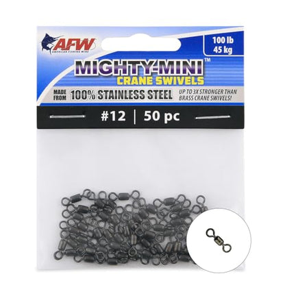AFW American Fishing Wire Fishing Swivels - Mighty Mini 100% Stainless Steel Crane Swivels, 3X Stronger Than Brass, for Terminal Tackle Box, Up to 600lb Test - Fishing Gear for Fishing Line Leaders - size: 50 Pieces, 100 Pound Test