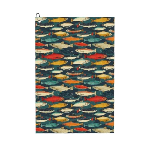 Multicolor Hand-Painted Fish Print Golf Towel, Microfiber Golf Towels for Bags with Carabiner Clip 16 x 24 inches, Men Womens Golfs Accessories
