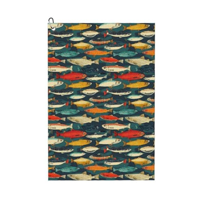 Multicolor Hand-Painted Fish Print Golf Towel, Microfiber Golf Towels for Bags with Carabiner Clip 16 x 24 inches, Men Womens Golfs Accessories