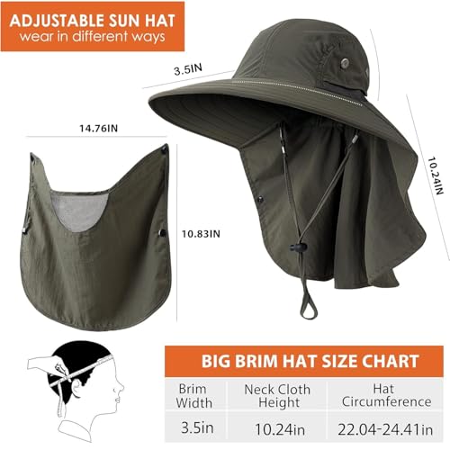 Mens Women Fishing Hat UPF 50+ Wide Brim Sun Hat with Face Cover & Neck Flap - color: Green