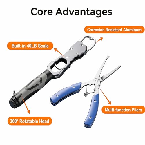 Fish Lip Gripper，Fish Gripper with Scale & Multi Fishing Pliers Set | 40LB Fish Grabber Fishing Gripper, 360° Swivel Handle, Rust Resistant Pliers, Saltwater & Freshwater Fishing