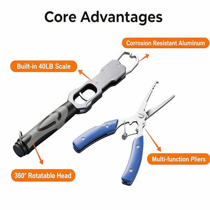 Fish Lip Gripper，Fish Gripper with Scale & Multi Fishing Pliers Set | 40LB Fish Grabber Fishing Gripper, 360° Swivel Handle, Rust Resistant Pliers, Saltwater & Freshwater Fishing