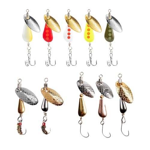 SHIAWASENA Fishing Spinners, 10pcs Trout Fishing Lures Kit, Inline Spinner Baits with Single Hooks &Treble Hooks & Fly Hooks, High-Reflective Flash Spoons for Trout, Salmon, Panfish, Bass, Pike - style: A#