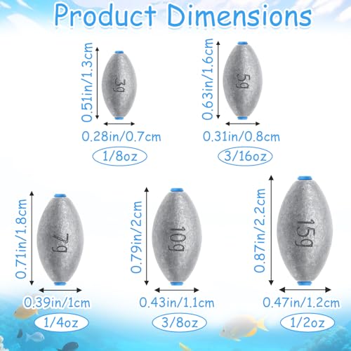 25Pcs 5 Size Egg Fishing Sinker Weights Assortment | Oval Shaped Bullet Bass Casting Fishing Weights for Saltwater Freshwater