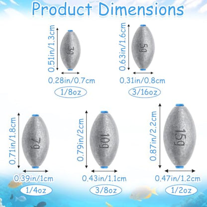 25Pcs 5 Size Egg Fishing Sinker Weights Assortment | Oval Shaped Bullet Bass Casting Fishing Weights for Saltwater Freshwater
