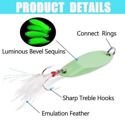 6PCS Fishing Jigs Lures Saltwater Luminous Fishing Spoons Lure Metal Treble Hooks Trout Lures Hard Metal Spinner Baits 5 Sizes Casting Spoon Hooks for Salmon Bass - size: 1/4oz (7g) - 6pcs