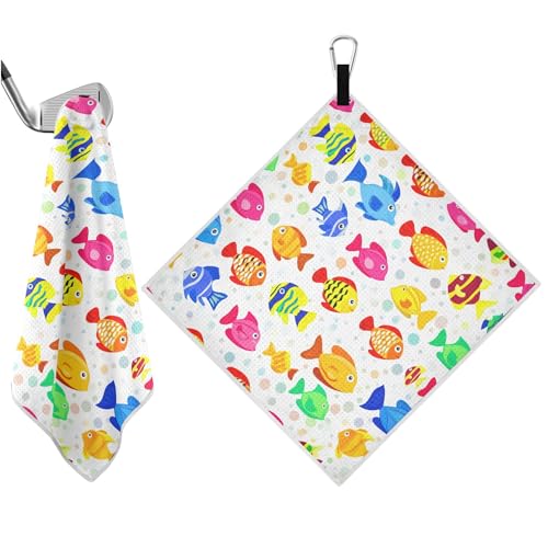 Fish 2 Pack Waffle Pattern Golf Towels, 17.7"x17.7" Square Golf Towel with Carabiner Clip and Magnetic Snap for Cleaning Golf Ball, Club
