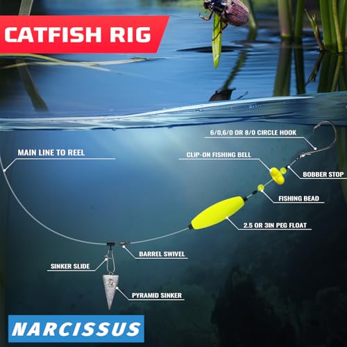 Narcissus Catfish Rigs Set – 6 Pre-Tied Rigs with 2 Sinker Sliders, Float Rigs Tackle, Santee Rig, Circle Hooks 6/0 – Complete & Ready-to-Use Kit - color: Hook Size 6/0-Weight 2 oz