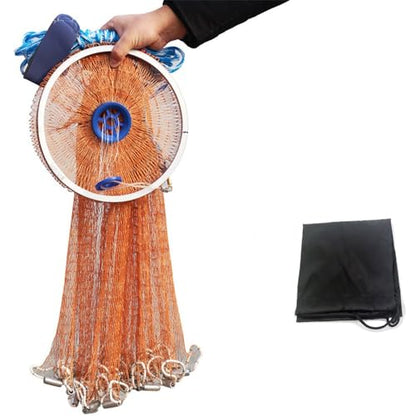 Cast Fishing Net with Aluminum Frame, 0.8 inch Mesh, 7.8-13.8 ft Diameter - color: Brown Braided Fishing Line, size: Dia: 13.8FT (metal sinker)