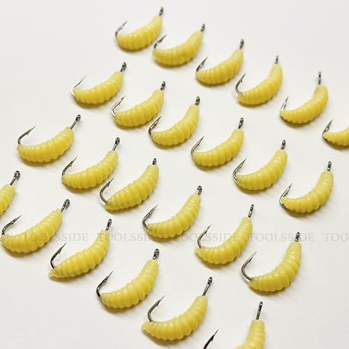 Bluegill Bait 24 Rubber Maggots with Hooks #10 Crappie Trout Panfish Lures | 24 Hooks + 24 Worms | Wax Worm Lure Grubs | Small Hook Micro Jig Soft Bait for Panfish Crappie | Freshwater Fishing Kit