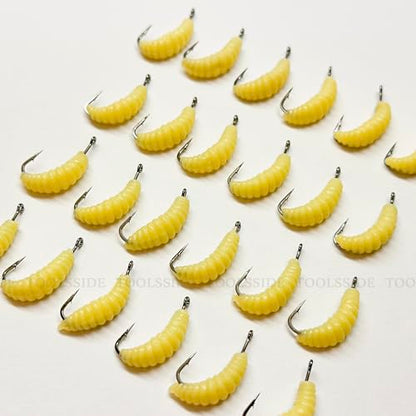 Bluegill Bait 24 Rubber Maggots with Hooks #10 Crappie Trout Panfish Lures | 24 Hooks + 24 Worms | Wax Worm Lure Grubs | Small Hook Micro Jig Soft Bait for Panfish Crappie | Freshwater Fishing Kit