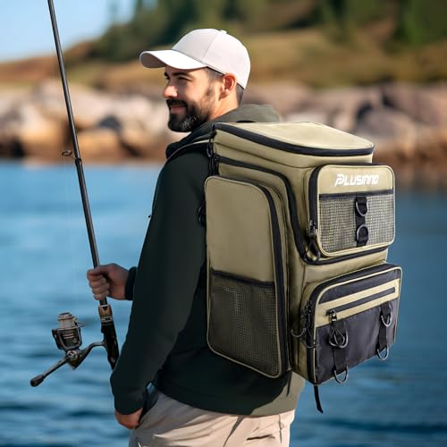 PLUSINNO Fishing Backpack with Rod Holders, 42L Large Water-Resistant Tackle Bag for Fishing, Camping, Hiking, Gifts - Khaki - color: Khaki