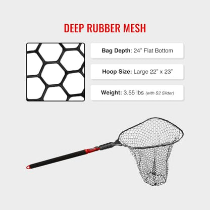 EGO S2 Slider Fishing Net Handle | Adjustable Extension Handle, Minimal Water Drag Design, Ergonomic Foam Grip for Landing Nets - size: 29" to 60" Handle, 22” x 23” Hoop, style: Lightweight Non-tangle Deep Rubber Mesh