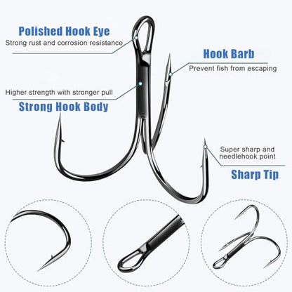 70pcs Fishing Treble Hooks Kit for Saltwater Freshwater, High Carbon Steel Barbed Treble Hooks Strong Sharp Round Bend Triple Fishing Hooks for Catfish Bass Trout Hard Baits Lures
