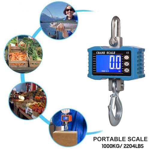 Hanging Scale, Geevorks Digital Crane Scale 1000KG/ 2204lbs, Industrial Crane Scale LCD Backlight with Unit Change/Data Hold/Tare/Zero for Construction Site Farm Hunting Fishing Outdoor Work
