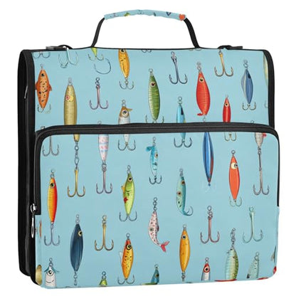 Fishing Lures Blue 3 Ring Zipper Binder with Strap 1.5 inch 500 Sheet Capacity File Folder Storage Organizer