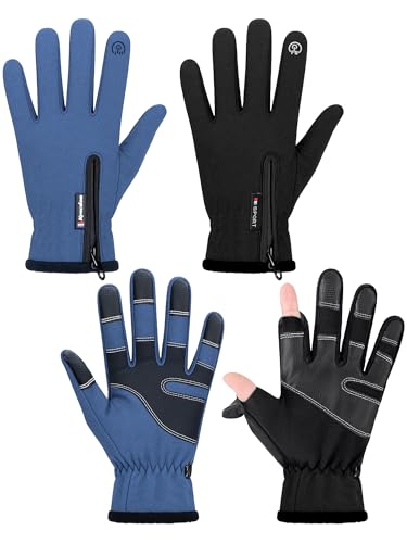 Bencailor Windproof Waterproof Fingerless Gloves Winter Touchscreen Gloves Men Cold Weather Cycling Supplies - color: Black,Blue, size: X-Large