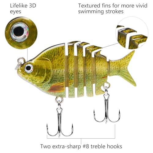 Bassdash SwimPanfish 0.34oz Hard Swimbaits Multi Jointed Topwater Trout Bass Fishing Crank Lure for Freshwater and Saltwater - color: Gold