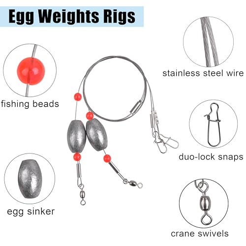 Egg Fishing Sinker Weight Rigs, 6pcs Flounder Rig Saltwater Bottom Rigs Stainless Steel Wire Leader with Egg Sinker Catfish Carolina Rigs Fishing Ready Rigs for Trout Drum Redfish Fishing - size: 2oz_6pcs