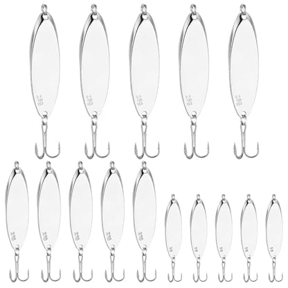 Shappy 15 Pcs Fishing Spoons Lures Treble Hooks Fishing Spoons 3 Sizes Hard Metal Casting Spoon Lures for Bass Trout Salmon Freshwater Saltwater in 1/5 3/4 1 oz - color: Silver