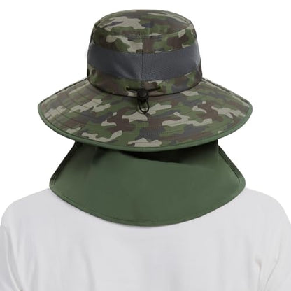 BASSDASH UPF 50+ Breathable Sun Hat with Removable Face Cover and Neck Flap Wide Brim Bucket Hat for Fishing Hiking Men Women - color: Army Green Camo/Army Green