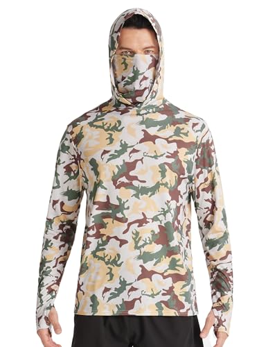 FISHEAL Men's Performance Fishing Hoodie Shirt - UPF 50+ Sun Protection Long Sleeve Thumbholes Shirts with Neck Gaiter - color: Desert Sand Camo, size: Medium