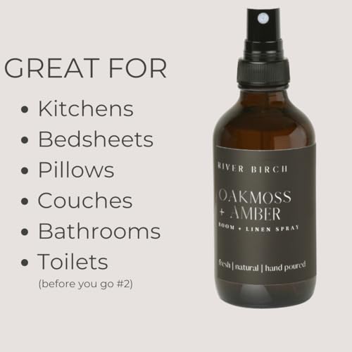 River Birch Oakmoss + Amber Scented Linen and Room Spray | Home Fragrance | 4 oz Glass Amber Bottle | Luxury Signature Scent | Handmade in Texas - color: Oakmoss + Amber